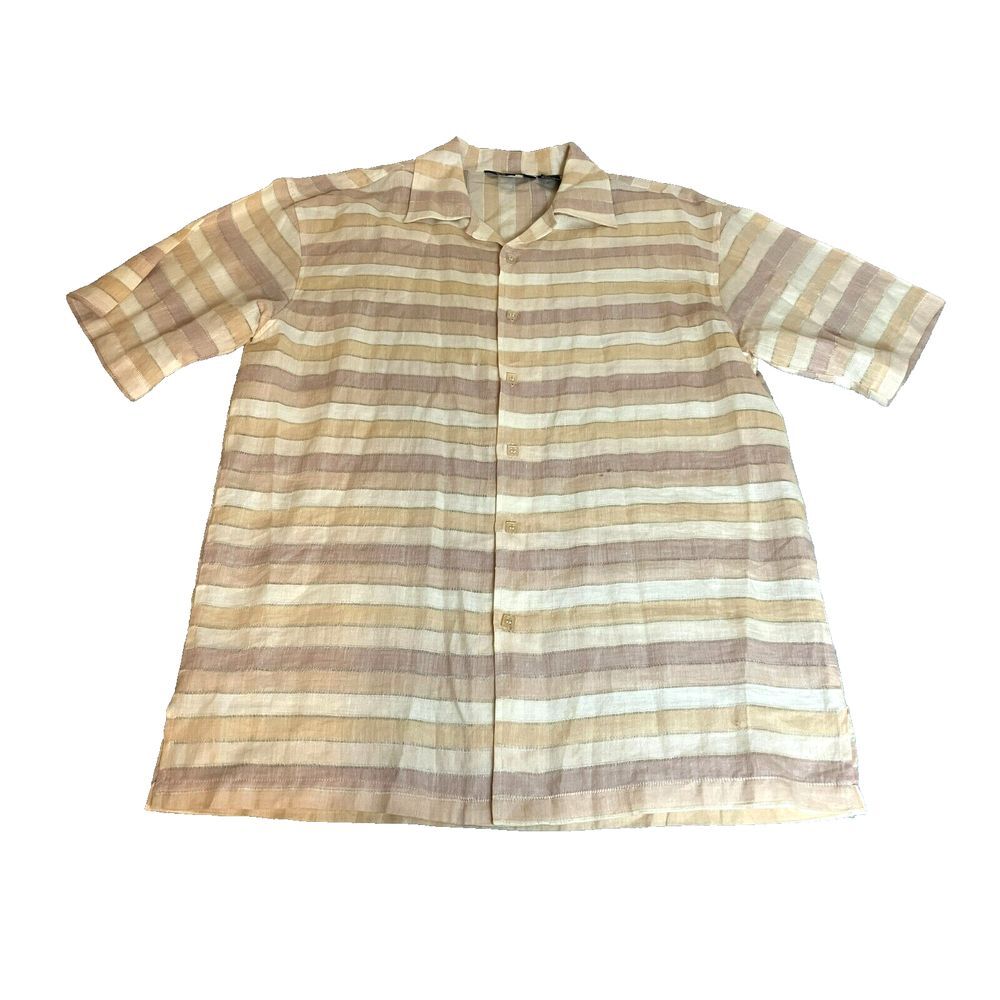 Elephant Shirt Adult Extra‎ Large Tan Cream Striped 100% Linen Button Up Mens